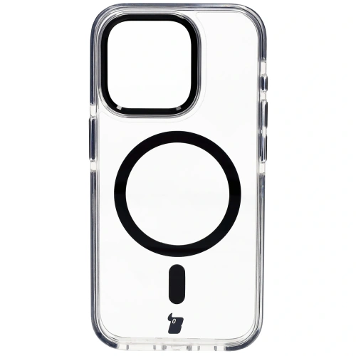 Etui z pierścieniem magnetycznym Bizon Case Marco do Apple iPhone 15 Pro przezroczyste z czarną ramką