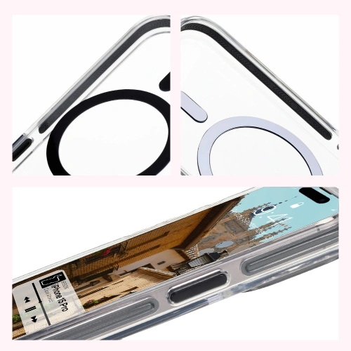 Etui z pierścieniem magnetycznym Bizon Case Marco do Apple iPhone 15 Pro przezroczyste z czarną ramką