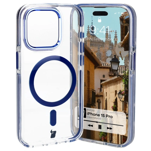 Etui z pierścieniem magnetycznym Bizon Case Marco do Apple iPhone 15 Pro przezroczyste z niebieską ramką