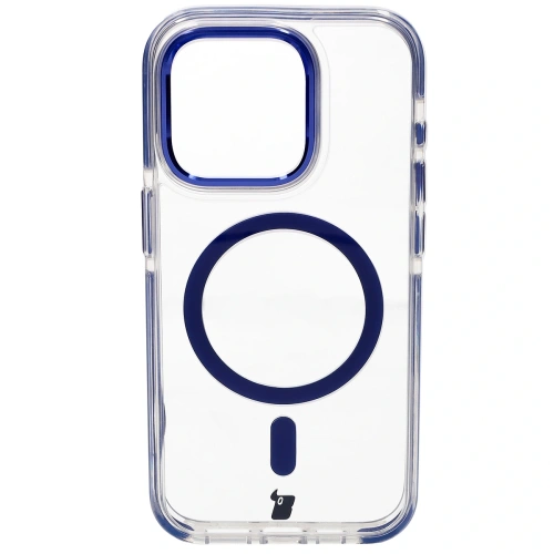 Etui z pierścieniem magnetycznym Bizon Case Marco do Apple iPhone 15 Pro przezroczyste z niebieską ramką