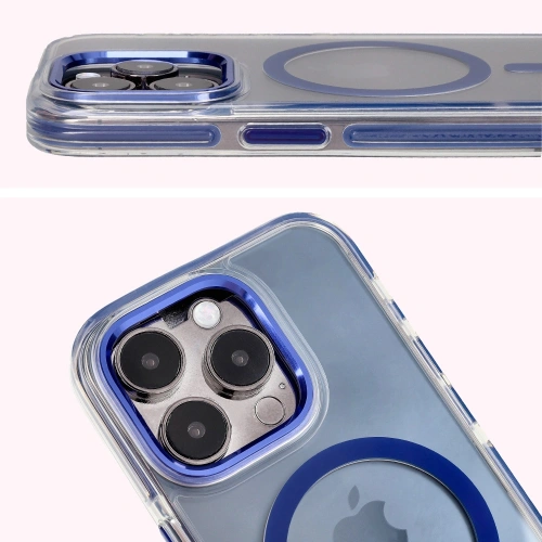 Etui z pierścieniem magnetycznym Bizon Case Marco do Apple iPhone 15 Pro przezroczyste z niebieską ramką