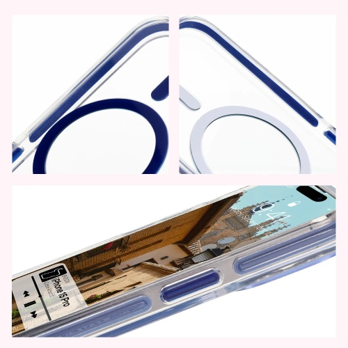 Etui z pierścieniem magnetycznym Bizon Case Marco do Apple iPhone 15 Pro przezroczyste z niebieską ramką