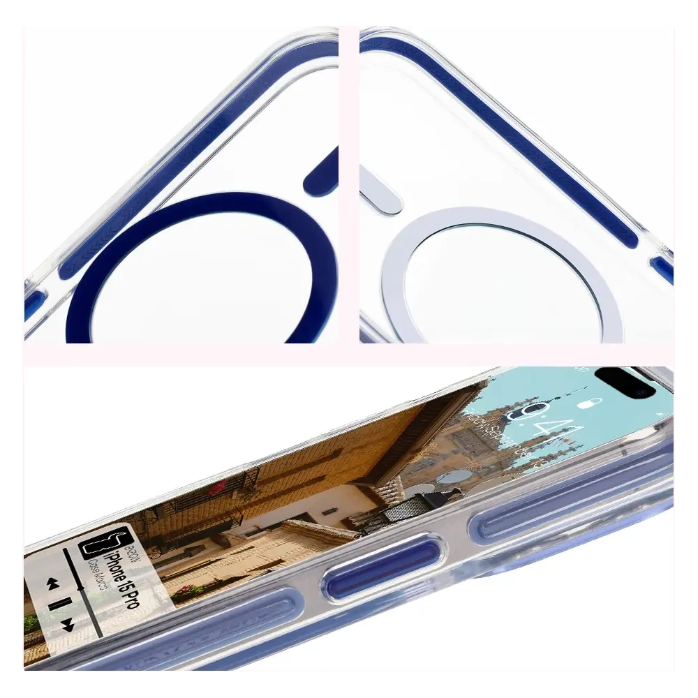 Hurtownia GSM - Etui s magnetickým kroužkem Bizon Case Marco pro Apple iPhone 15 Pro průhledné s modrým rámečkem - BIZ6981 - {ean13} - Hurt