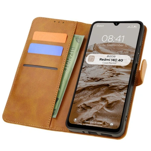 Etui z klapką Bizon Case Pocket do Xiaomi Redmi 14C 4G brązowe