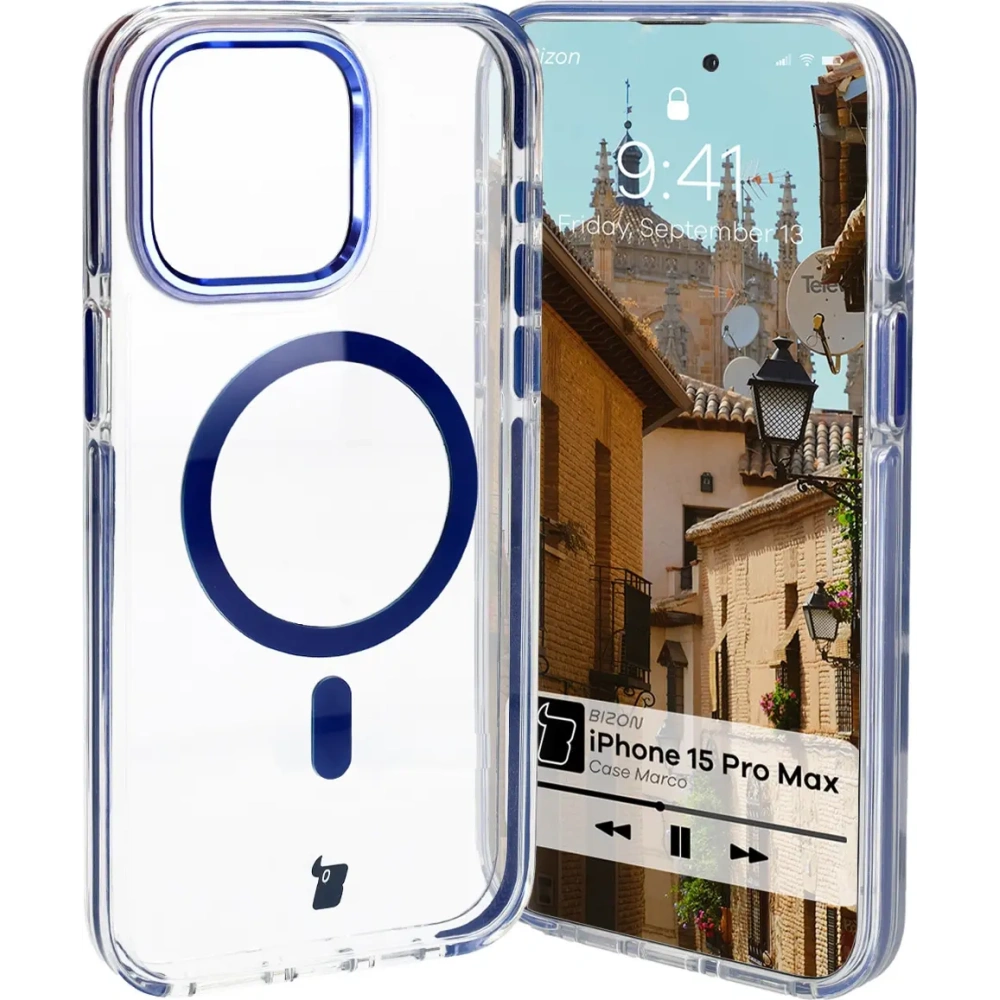 Wholesale Bizon Case Marco Apple iPhone 15 Pro Max clear with blue frame - BIZ6998 - {ean13} - Hurt