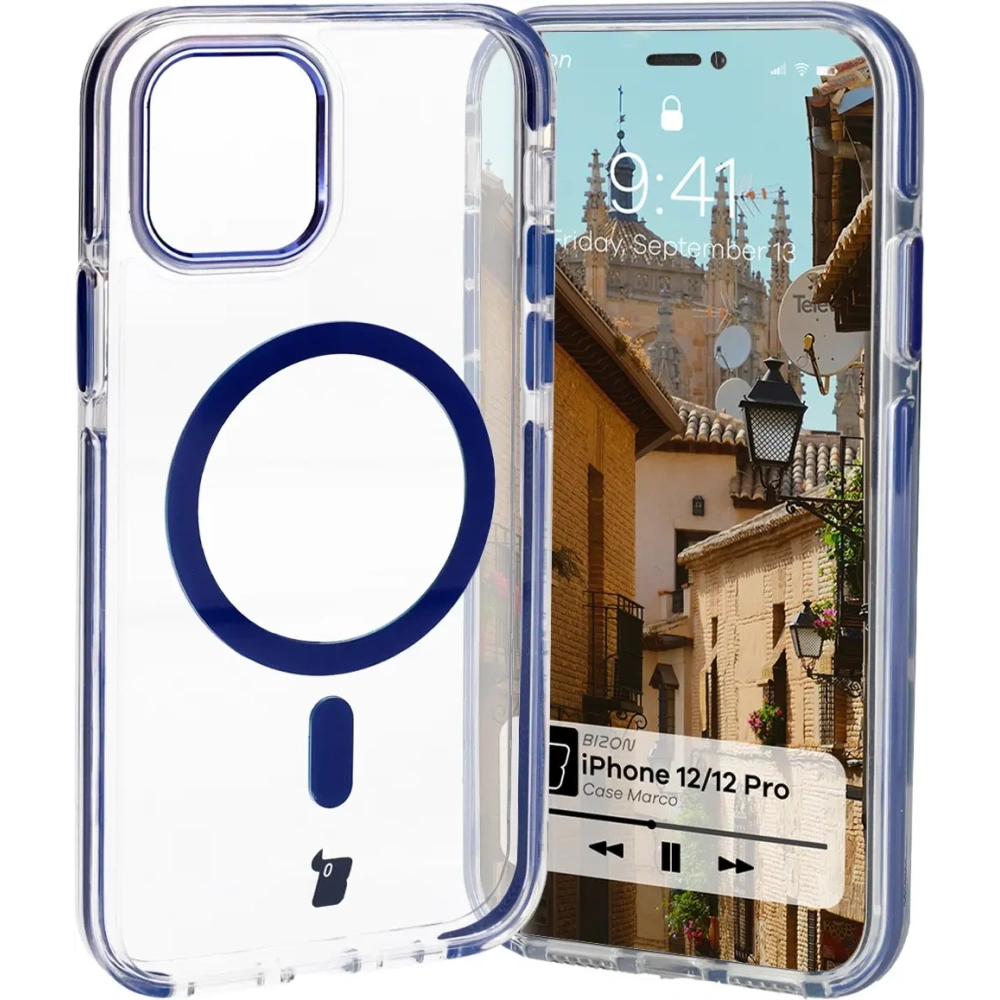 Hurtownia GSM - Etui z pierścieniem magnetycznym Bizon Case Marco do Apple iPhone 12 Pro / 12 przezroczyste z niebieską ramką - BIZ7023 - {ean13} - Hurt
