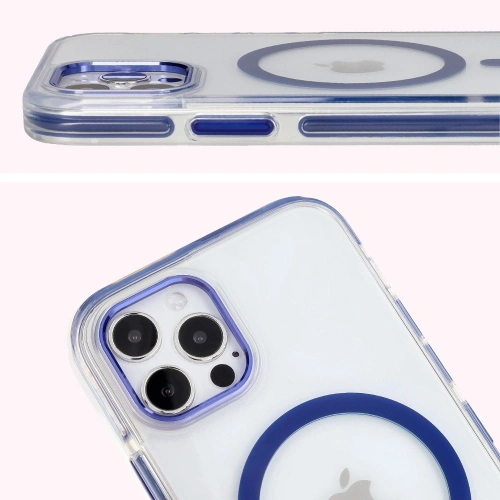 Etui z pierścieniem magnetycznym Bizon Case Marco do Apple iPhone 12 Pro / 12 przezroczyste z niebieską ramką