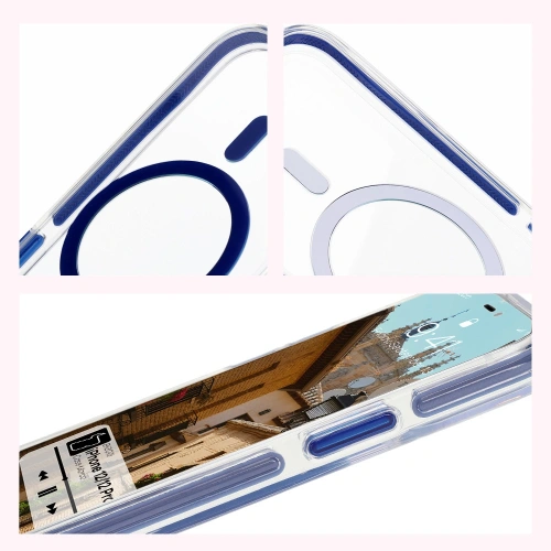 Etui z pierścieniem magnetycznym Bizon Case Marco do Apple iPhone 12 Pro / 12 przezroczyste z niebieską ramką