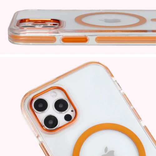 Etui z pierścieniem magnetycznym Bizon Case Marco do Apple iPhone 12 Pro / 12 przezroczyste z pomarańczową ramką