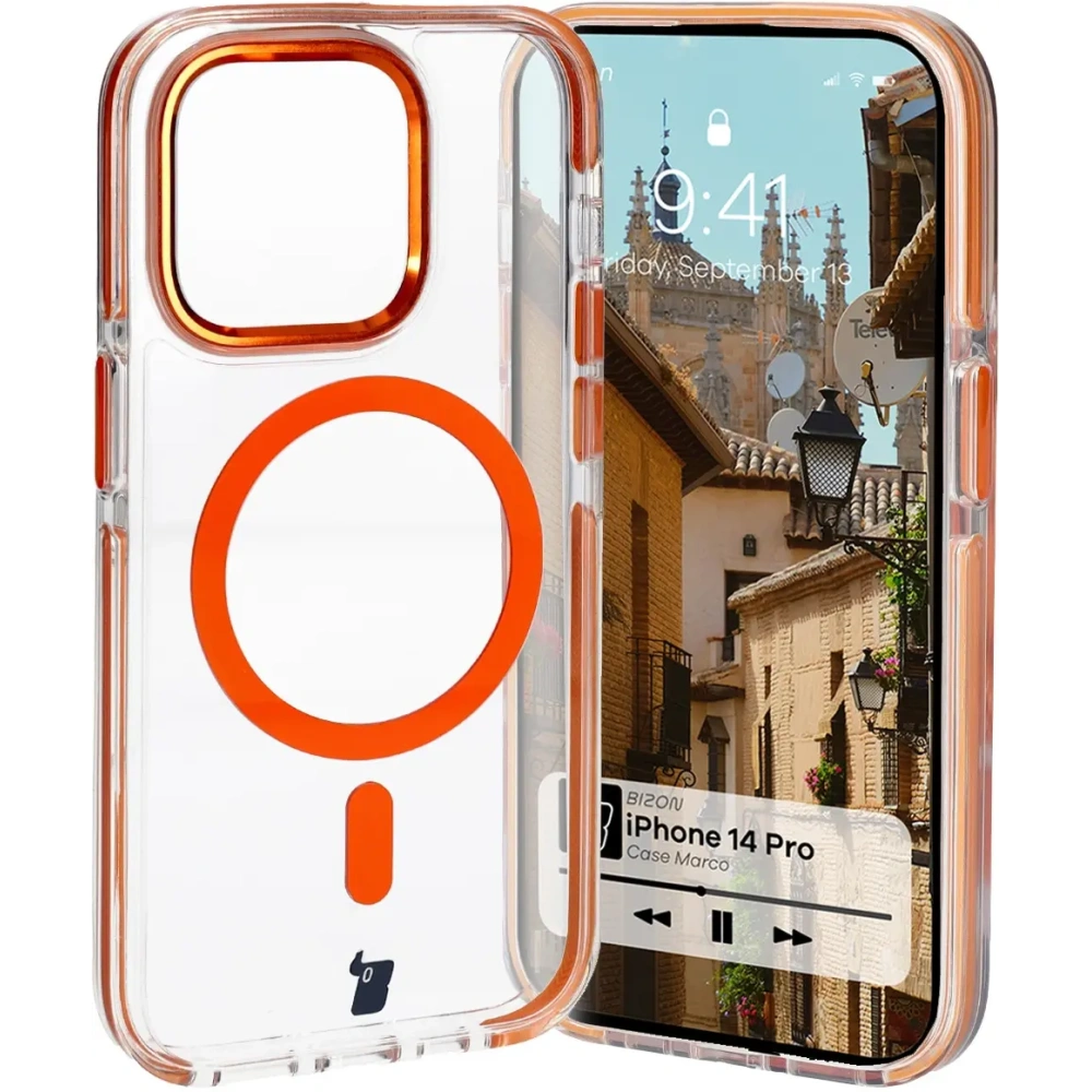 Hurtownia GSM - Bizon Case Marco Apple iPhone 14 Pro clar cu cadru portocaliu - BIZ7027 - {ean13} - Hurt