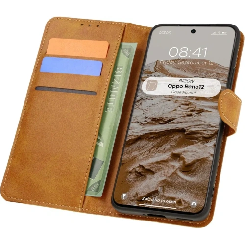 Etui z klapką Bizon Case Pocket do Oppo Reno 12 brązowe