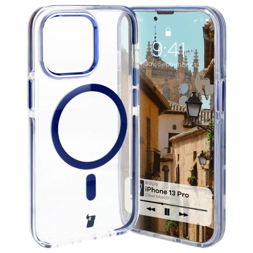 Etui z pierścieniem magnetycznym Bizon Case Marco do Apple iPhone 13 Pro przezroczyste z niebieską ramką