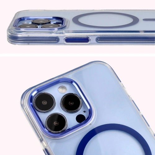 Etui z pierścieniem magnetycznym Bizon Case Marco do Apple iPhone 13 Pro przezroczyste z niebieską ramką