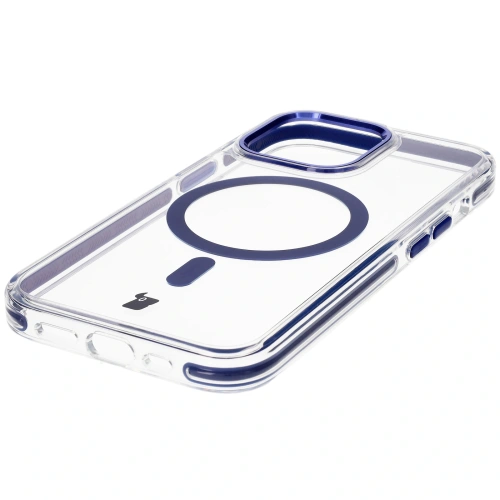 Etui z pierścieniem magnetycznym Bizon Case Marco do Apple iPhone 13 Pro przezroczyste z niebieską ramką