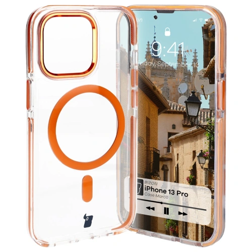 Etui z pierścieniem magnetycznym Bizon Case Marco do Apple iPhone 13 Pro przezroczyste z pomarańczową ramką
