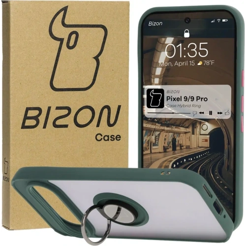 Etui z uchwytem na palec Bizon Case Hybrid Ring do Google Pixel 9 / 9 Pro przydymione z ciemnozieloną ramką