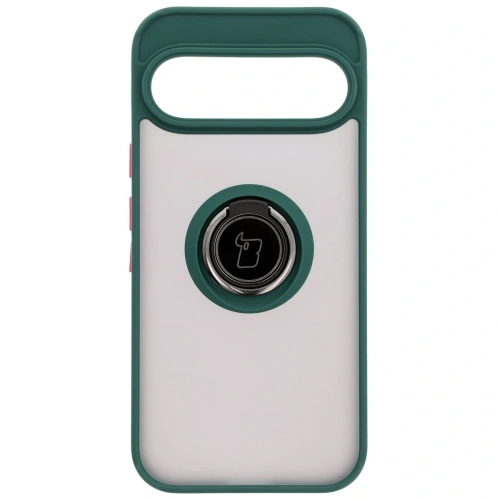Etui z uchwytem na palec Bizon Case Hybrid Ring do Google Pixel 9 / 9 Pro przydymione z ciemnozieloną ramką