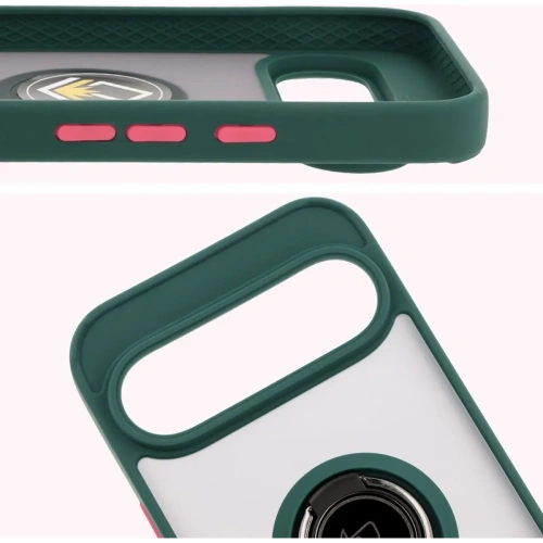 Etui z uchwytem na palec Bizon Case Hybrid Ring do Google Pixel 9 / 9 Pro przydymione z ciemnozieloną ramką