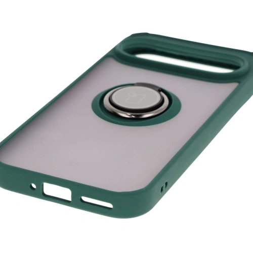Etui z uchwytem na palec Bizon Case Hybrid Ring do Google Pixel 9 / 9 Pro przydymione z ciemnozieloną ramką