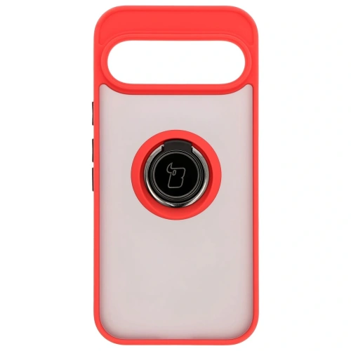 Etui z uchwytem na palec Bizon Case Hybrid Ring do Google Pixel 9 / 9 Pro przydymione z czerwoną ramką