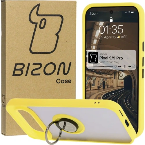 Etui z uchwytem na palec Bizon Case Hybrid Ring do Google Pixel 9 / 9 Pro przydymione z żółtą ramką