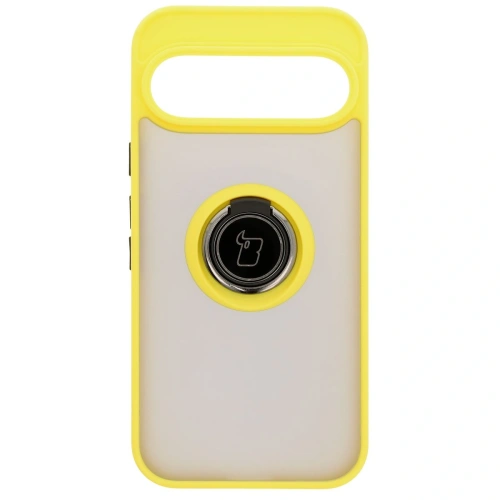 Etui z uchwytem na palec Bizon Case Hybrid Ring do Google Pixel 9 / 9 Pro przydymione z żółtą ramką