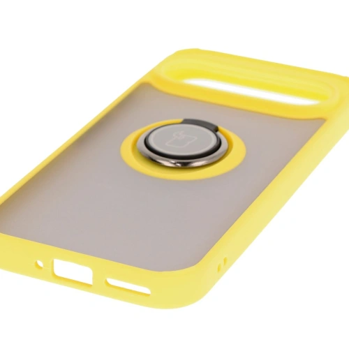 Etui z uchwytem na palec Bizon Case Hybrid Ring do Google Pixel 9 / 9 Pro przydymione z żółtą ramką