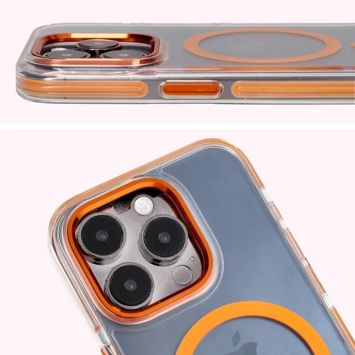 Etui z pierścieniem magnetycznym Bizon Case Marco do Apple iPhone 15 Pro przezroczyste z pomarańczową ramką