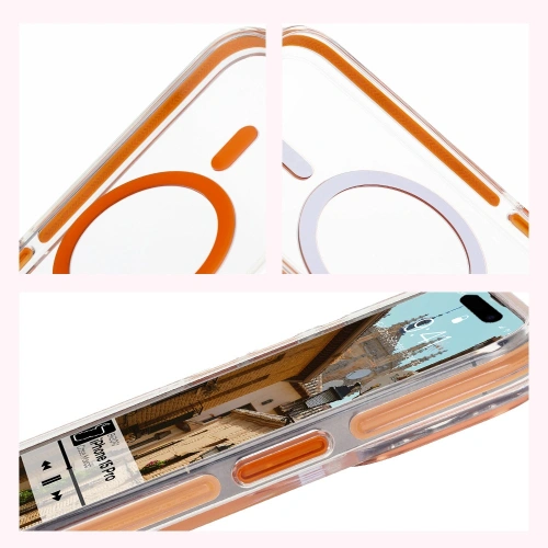 Etui z pierścieniem magnetycznym Bizon Case Marco do Apple iPhone 15 Pro przezroczyste z pomarańczową ramką