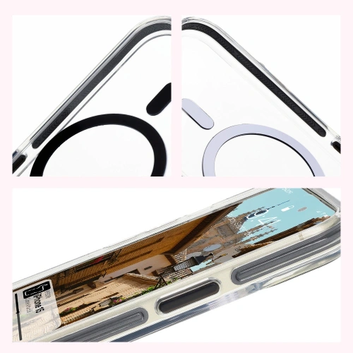 Etui z pierścieniem magnetycznym Bizon Case Marco do Apple iPhone 15 przezroczyste z czarną ramką