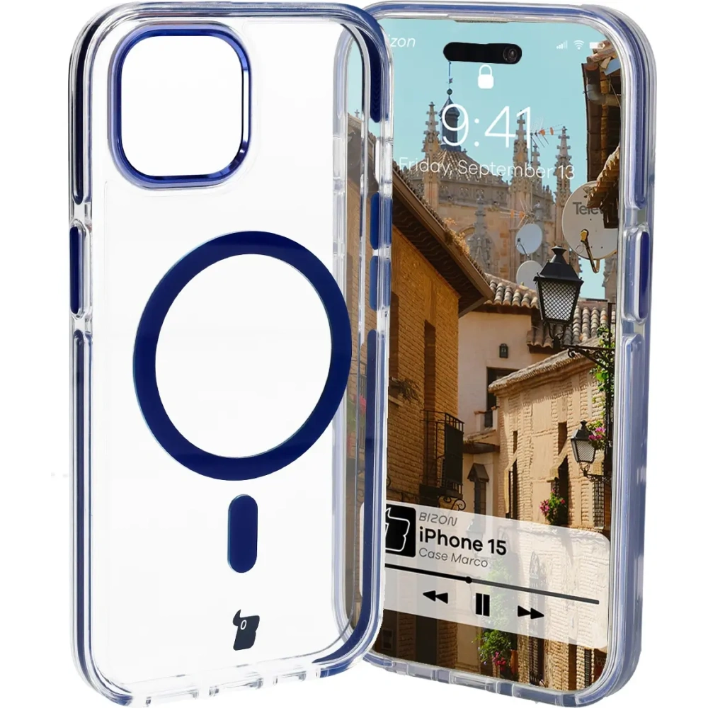 Hurtownia GSM - Etui z pierścieniem magnetycznym Bizon Case Marco do Apple iPhone 15 przezroczyste z niebieską ramką - BIZ7079 - {ean13} - Hurt