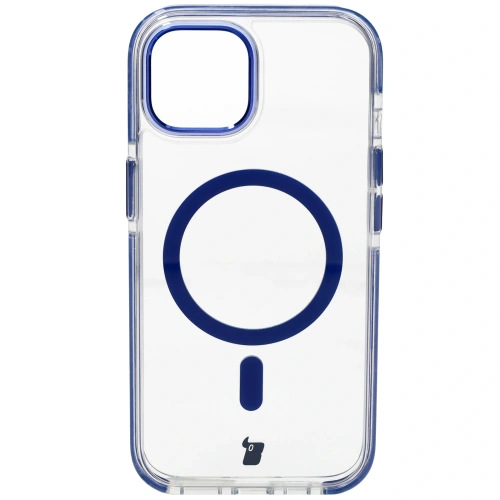 Etui z pierścieniem magnetycznym Bizon Case Marco do Apple iPhone 15 przezroczyste z niebieską ramką