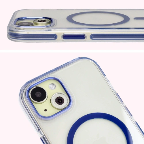 Etui z pierścieniem magnetycznym Bizon Case Marco do Apple iPhone 15 przezroczyste z niebieską ramką