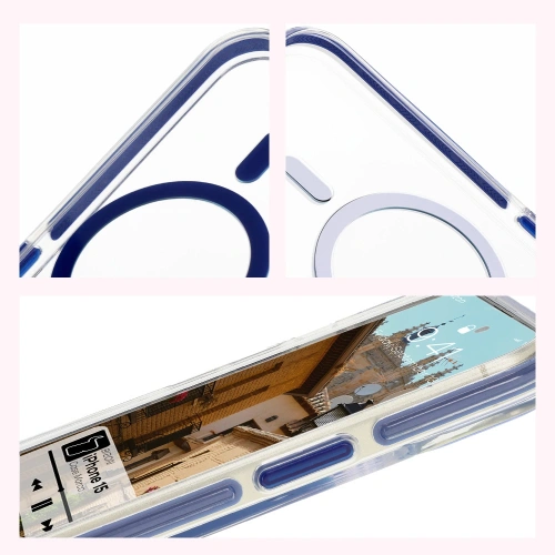 Etui z pierścieniem magnetycznym Bizon Case Marco do Apple iPhone 15 przezroczyste z niebieską ramką
