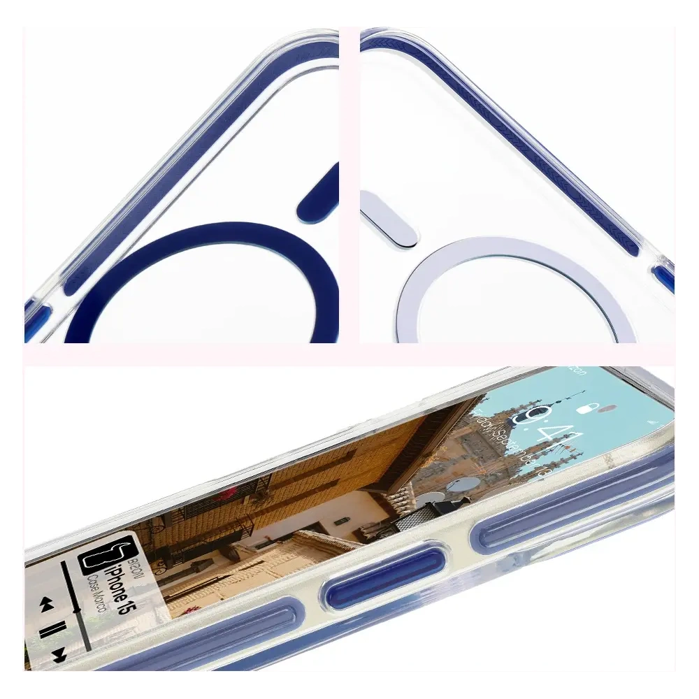 Hurtownia GSM - Etui z pierścieniem magnetycznym Bizon Case Marco do Apple iPhone 15 przezroczyste z niebieską ramką - BIZ7079 - {ean13} - Hurt
