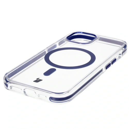 Etui z pierścieniem magnetycznym Bizon Case Marco do Apple iPhone 15 przezroczyste z niebieską ramką