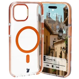 Hurtownia GSM - Etui z pierścieniem magnetickým Bizon Case Marco do Apple iPhone 15 průhledné s oranžovým rámem - BIZ7080 - {ean13} - Hurt