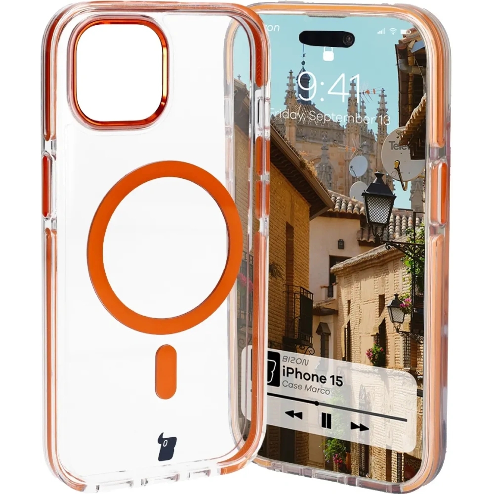 Hurtownia GSM - Etui z pierścieniem magnetycznym Bizon Case Marco do Apple iPhone 15 przezroczyste z pomarańczową ramką - BIZ7080 - {ean13} - Hurt
