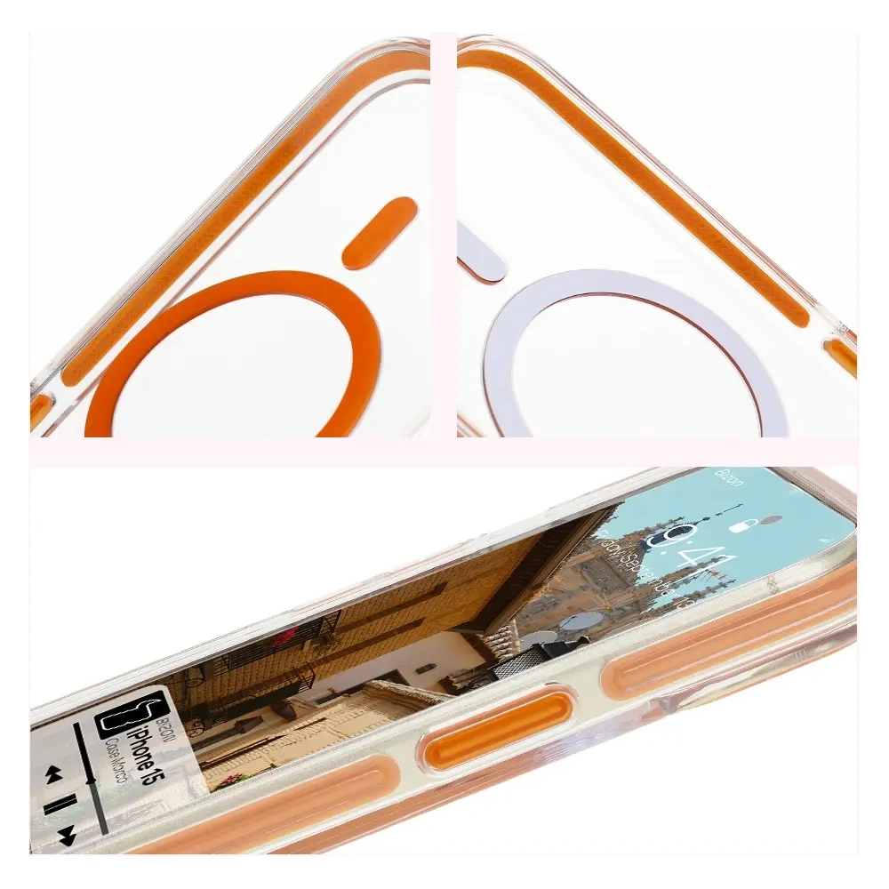 Hurtownia GSM - Etui z pierścieniem magnetycznym Bizon Case Marco do Apple iPhone 15 przezroczyste z pomarańczową ramką - BIZ7080 - {ean13} - Hurt