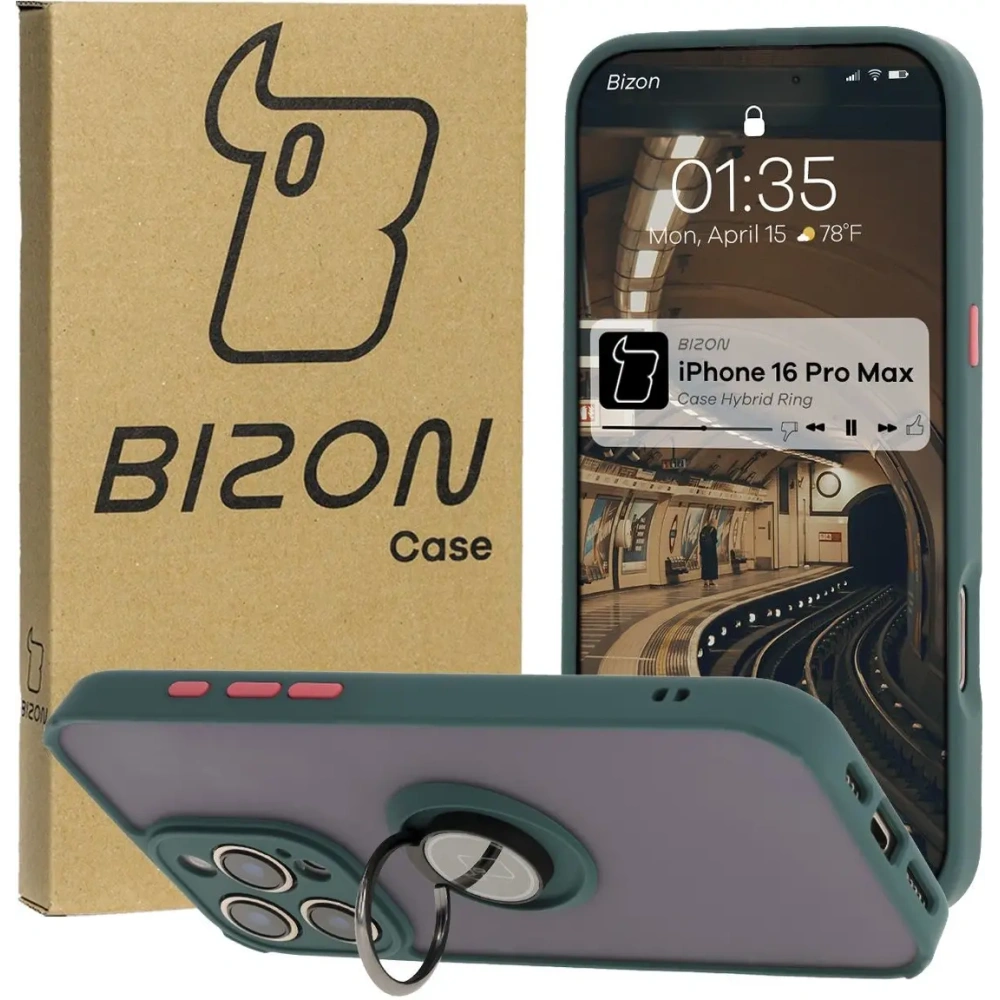 Hurtownia GSM - Bizon Case Hybrid Ring Apple iPhone 16 Pro Max rauchig mit einem dunkelgrünen Rahmen - BIZ7081 - {ean13} - Hurt