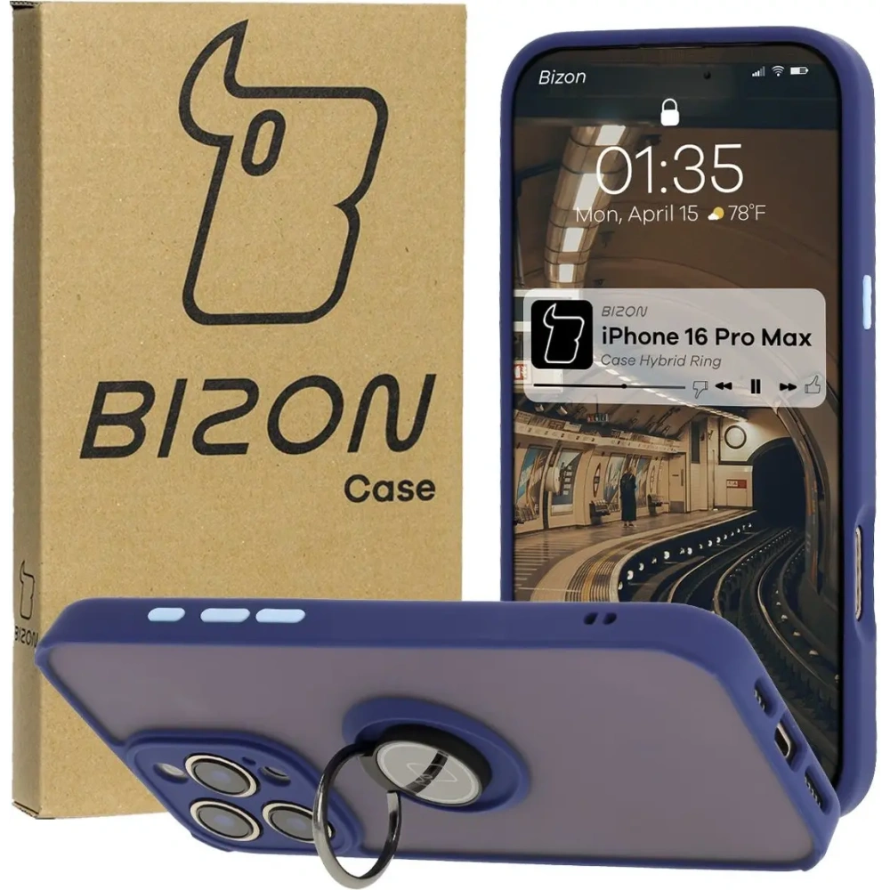 Wholesale Bizon Case Hybrid Ring Apple iPhone 16 Pro Max smoky with a navy blue frame - BIZ7084 - {ean13} - Hurt