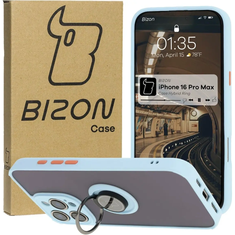 Hurtownia GSM - Bizon Case Hybrid Ring Apple iPhone 16 Pro Max rauchig mit einem hellblauen Rahmen - BIZ7085 - {ean13} - Hurt