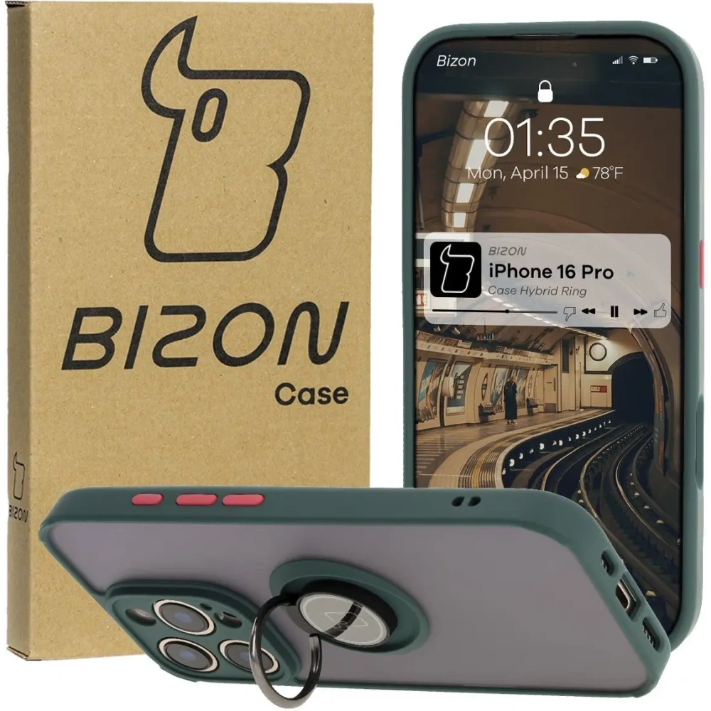 Hurtownia GSM - Etui z uchwytem na palec Bizon Case Hybrid Ring do Apple iPhone 16 Pro przydymione z ciemnozieloną ramką - BIZ7087 - {ean13} - Hurt