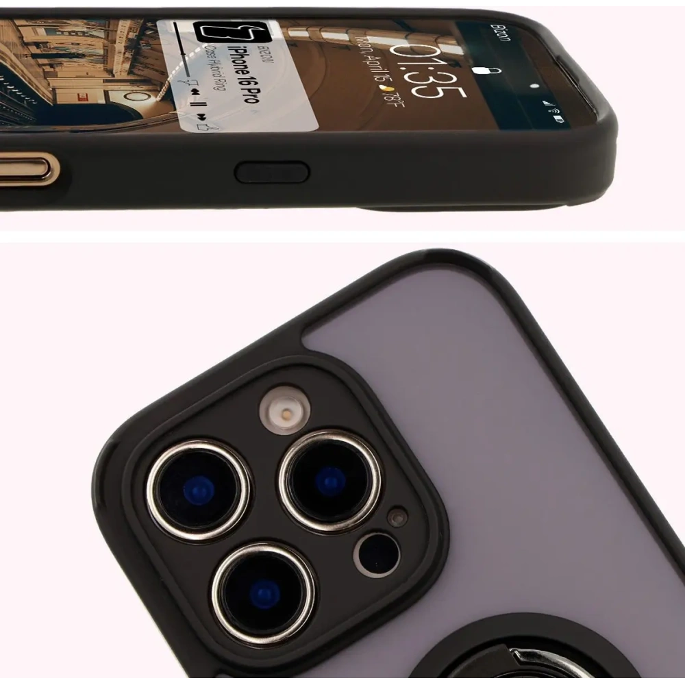 Hurtownia GSM - Etui z uchwytem na palec Bizon Case Hybrid Ring do Apple iPhone 16 Pro przydymione z czarną ramką - BIZ7088 - {ean13} - Hurt