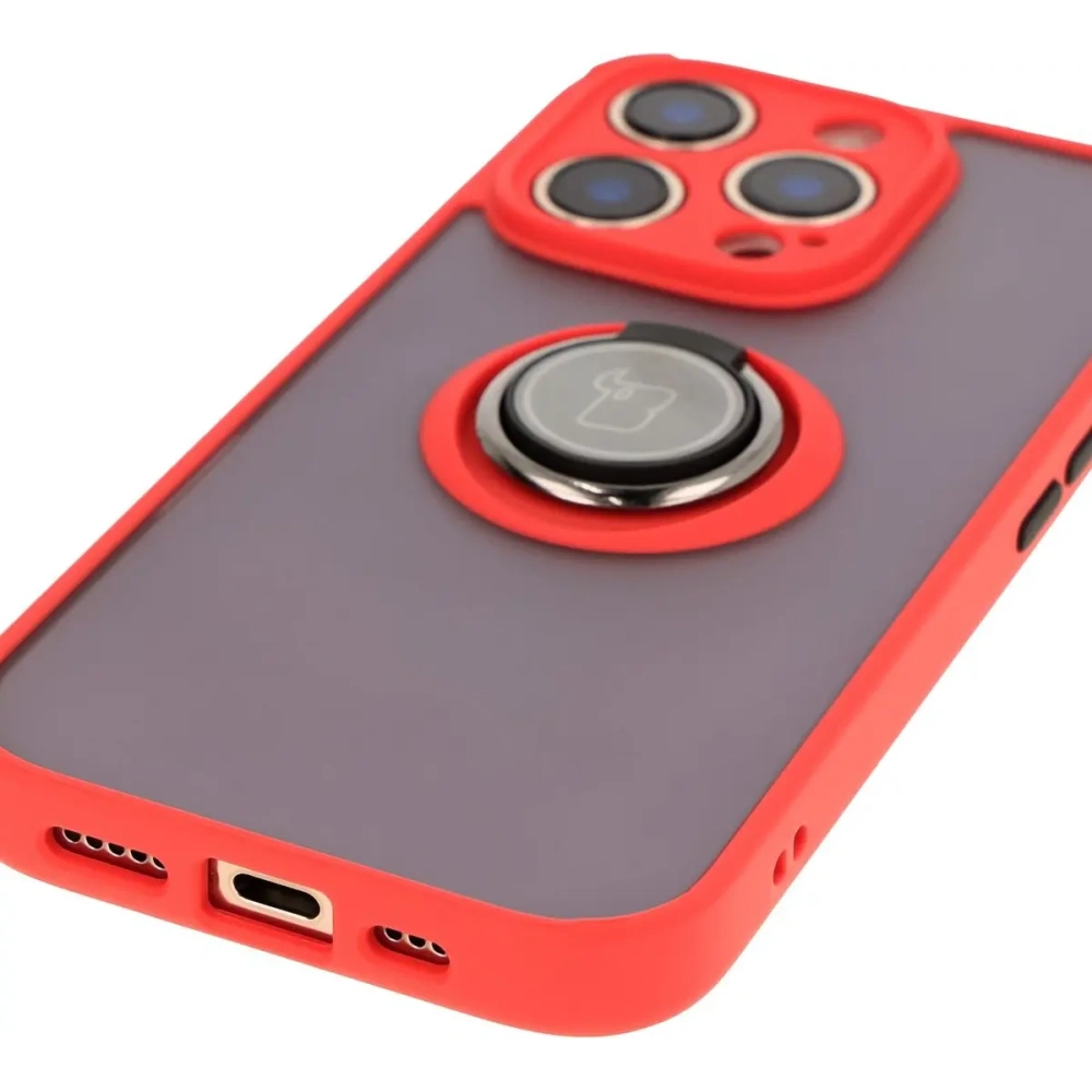 Hurtownia GSM - Etui z uchwytem na palec Bizon Case Hybrid Ring do Apple iPhone 16 Pro przydymione z czerwoną ramką - BIZ7089 - {ean13} - Hurt