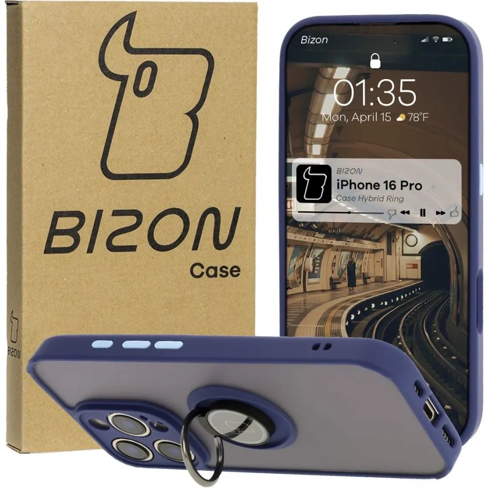 Hurtownia GSM - Bizon Case Hybrid Ring Apple iPhone 16 Pro fumuriu cu un cadru albastru închis - BIZ7090 - {ean13} - Hurt