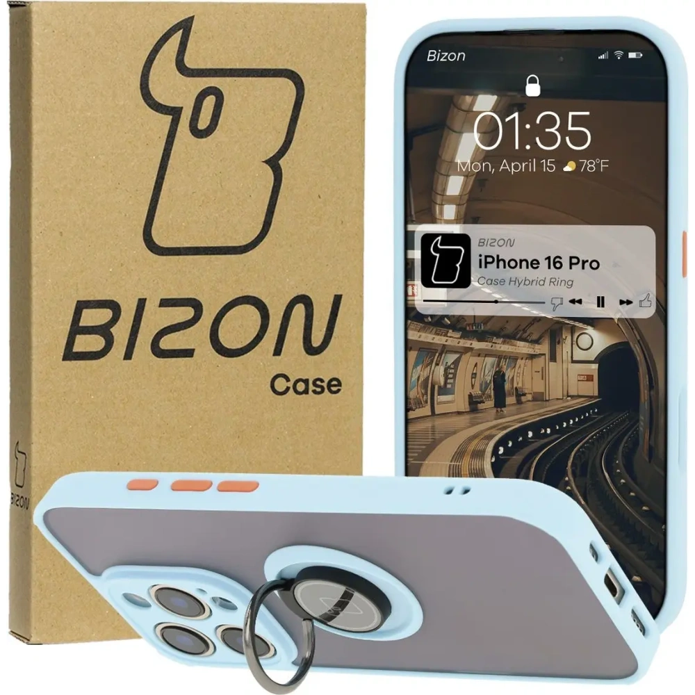 Wholesale Bizon Case Hybrid Ring Apple iPhone 16 Pro smoky with a light blue frame - BIZ7091 - {ean13} - Hurt