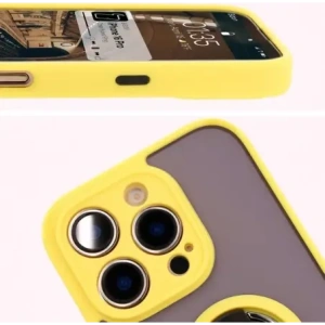 Etui z uchwytem na palec Bizon Case Hybrid Ring do Apple iPhone 16 Pro przydymione z żółtą ramką