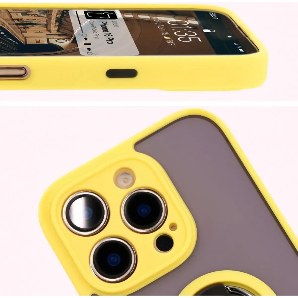 Hurtownia GSM - Etui z uchwytem na palec Bizon Case Hybrid Ring do Apple iPhone 16 Pro przydymione z żółtą ramką - BIZ7092 - {ean13} - Hurt