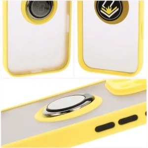 Etui z uchwytem na palec Bizon Case Hybrid Ring do Apple iPhone 16 Pro przydymione z żółtą ramką